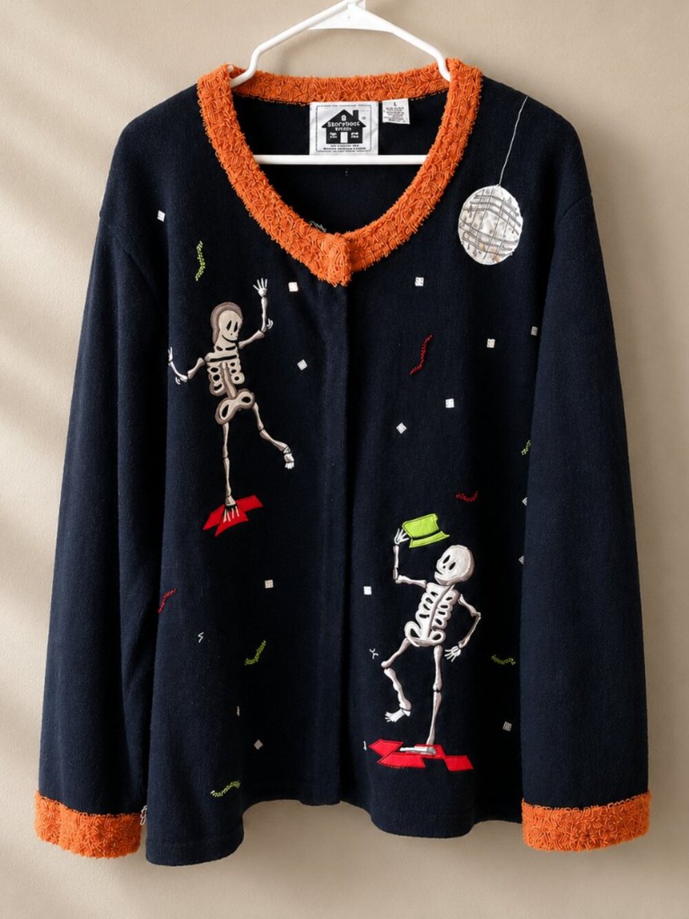Vintage Storybook Knits Halloween Skeleton Cardigan Disco Dancing Large